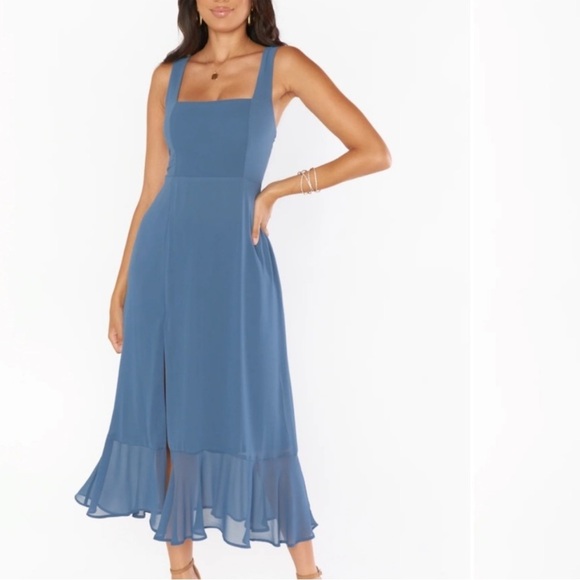 Show Me Your MuMu Dresses & Skirts - NWOT Show me your mumu Claire Midi Dress in Slate Blue Chiffon